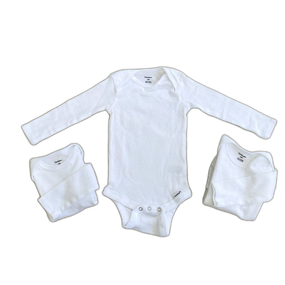 NWOT Gerber Baby Unisex Long Sleeve White Cotton Onesies 3 Count Size 3-6M